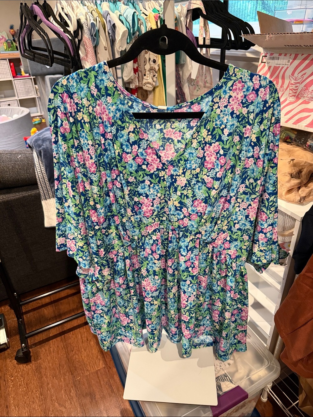 Women’s Floral V-Neck Peplum Blouse - Blue & Pink